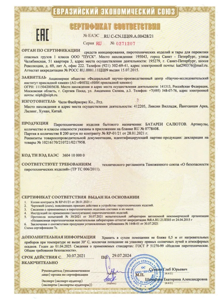 Сертификат на пиротехнику — Набережные Челны	